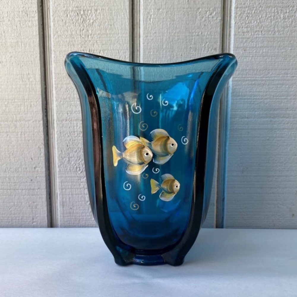 Fenton Tranquil Sea on Indigo Blue Square Tall Vase with Hand Painted Fish